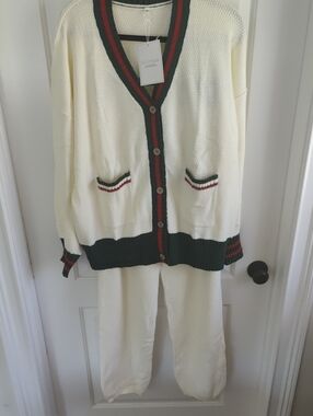 Etcyynew Relaxed Ivory Knit Cardigan & Pants Set with Green and Red Trim